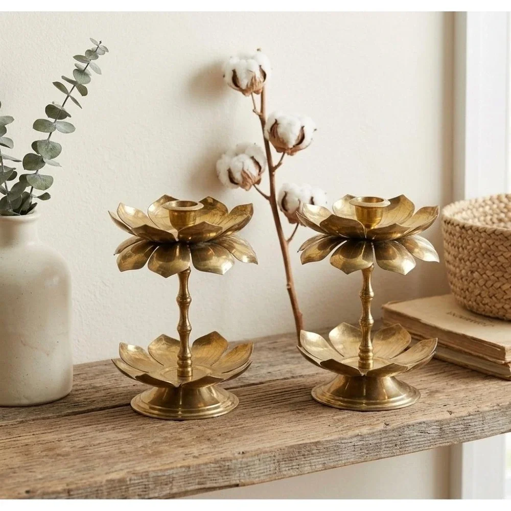 Pair of‎ VTG Brass Lotus Flower PARZINGER Style Candle Holder Hollywood Regency